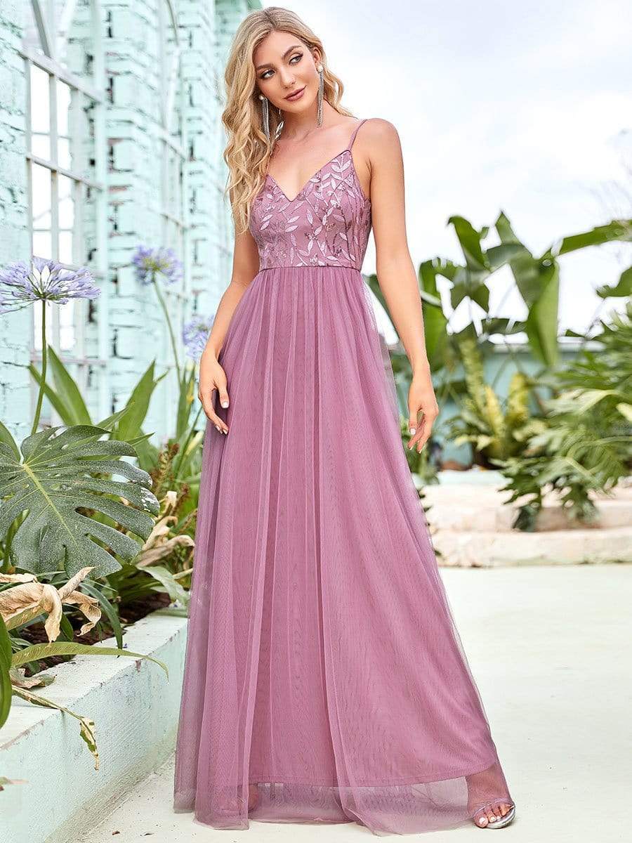 Color=Purple Orchid | Sleeveless Spaghetti Strap V Neck Embroidered Floor Length Evening Dress-Purple Orchid 4