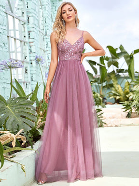 Color=Purple Orchid | Sleeveless Spaghetti Strap V Neck Embroidered Floor Length Evening Dress-Purple Orchid 1