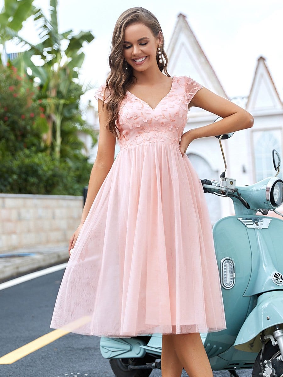 Color=Pink | Cute Short Cover Sleeves Sweetheart Floral Bodice Midi Evening Dress-Pink 3