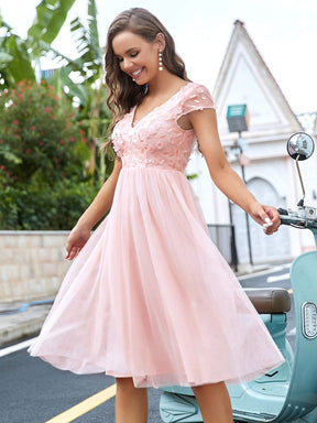 Color=Pink | Cute Short Cover Sleeves Sweetheart Floral Bodice Midi Evening Dress-Pink 1