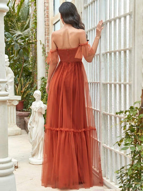 Color=Burnt Orange | Off The Shoulder Sweetheart Pleated Tulle Evening Dress-Burnt Orange 2
