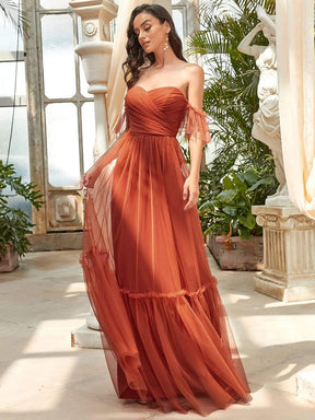 Color=Burnt Orange | Off The Shoulder Sweetheart Pleated Tulle Evening Dress-Burnt Orange 4