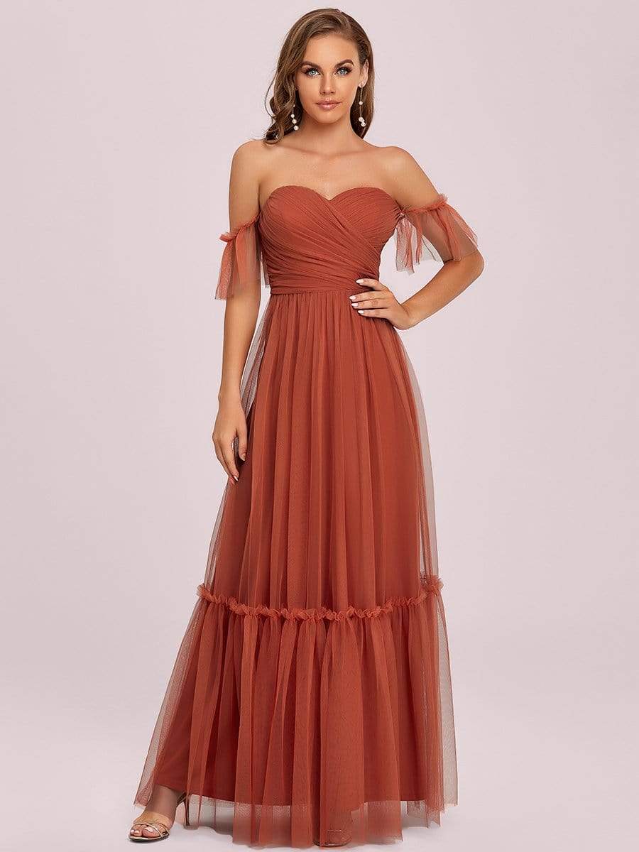 Color=Burnt Orange | Off The Shoulder Sweetheart Pleated Tulle Evening Dress-Burnt Orange 6