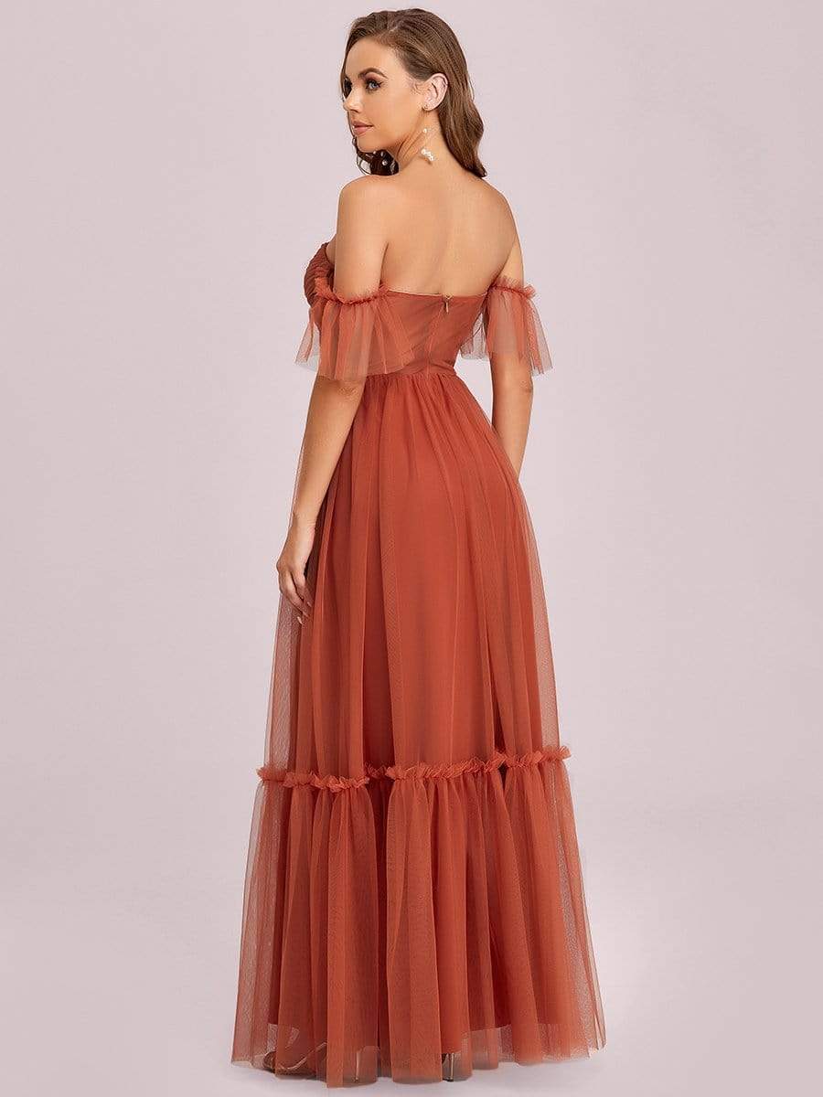 Color=Burnt Orange | Off The Shoulder Sweetheart Pleated Tulle Evening Dress-Burnt Orange 7