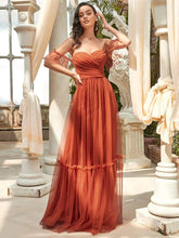 Color=Burnt Orange | Off The Shoulder Sweetheart Pleated Tulle Evening Dress-Burnt Orange 1