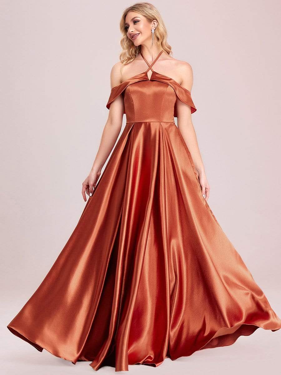 Color=Burnt Orange | Elegant Satin Cold Shoulder Floor Length Evening Dress-Burnt Orange 5