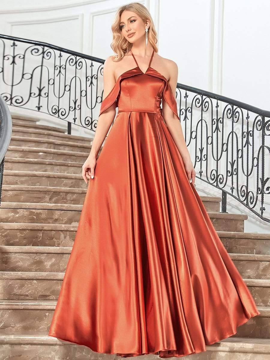 Color=Burnt Orange | Elegant Satin Cold Shoulder Floor Length Evening Dress-Burnt Orange 1
