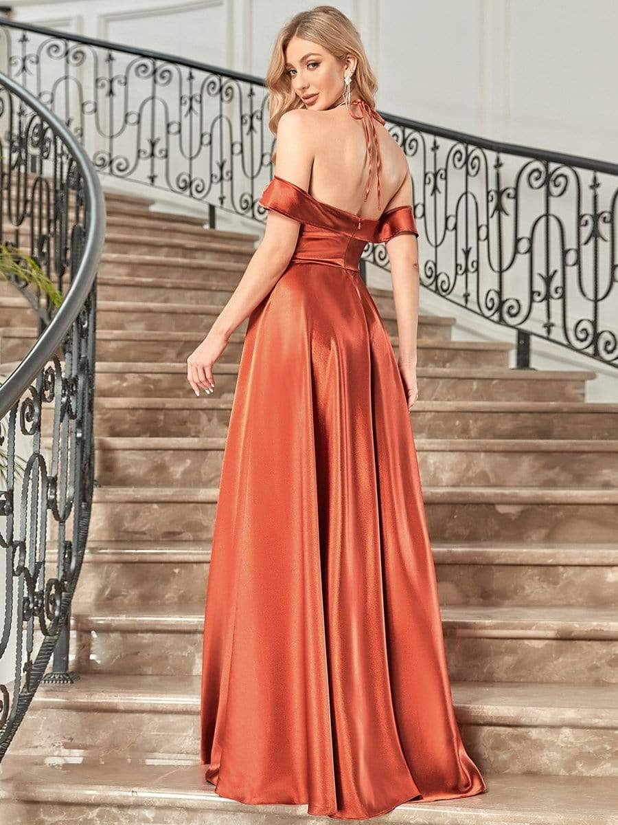 Color=Burnt Orange | Elegant Satin Cold Shoulder Floor Length Evening Dress-Burnt Orange 2