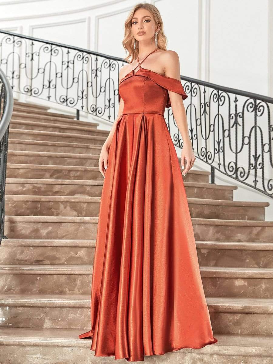 Color=Burnt Orange | Elegant Satin Cold Shoulder Floor Length Evening Dress-Burnt Orange 3