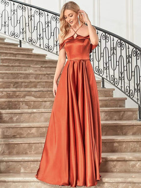 Color=Burnt Orange | Elegant Satin Cold Shoulder Floor Length Evening Dress-Burnt Orange 4