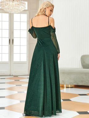 Color=Dark Green |  Long Sleeve Cold Shoulder Front Slit Sparkling Evening Dress-Dark Green 2