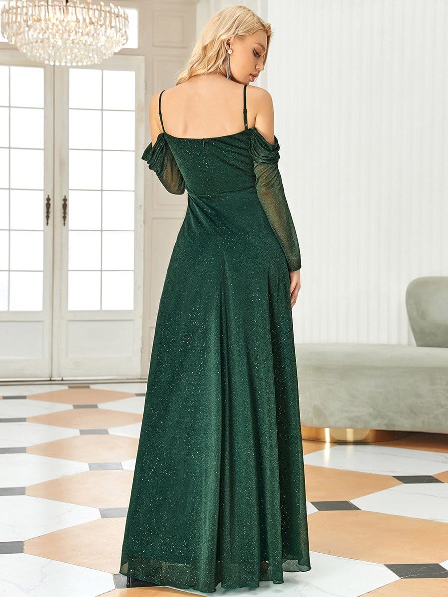 Color=Dark Green |  Long Sleeve Cold Shoulder Front Slit Sparkling Evening Dress-Dark Green 2