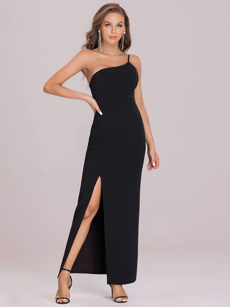 Color=Black | One Shoulder High-Slit Pencil-Cut Long Evening Dress-Black 5