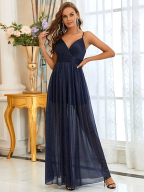 Color=Navy Blue | Elegant V Neck A-Line Sleeveless Evening Dress-Navy Blue 1