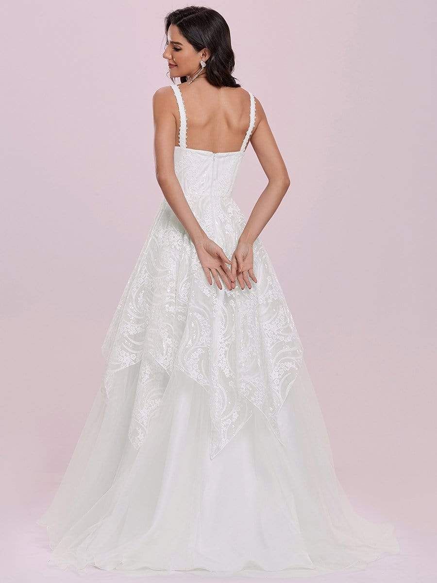 Color=Cream | Elegant Sleeveless Floor Length V-Neck Wedding Gown-Cream 5