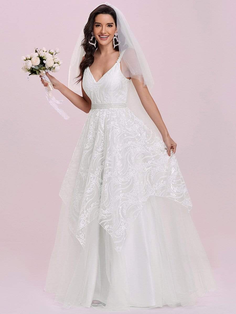 Color=Cream | Elegant Sleeveless Floor Length V-Neck Wedding Gown-Cream 6
