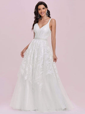 Color=Cream | Elegant Sleeveless Floor Length V-Neck Wedding Gown-Cream 7