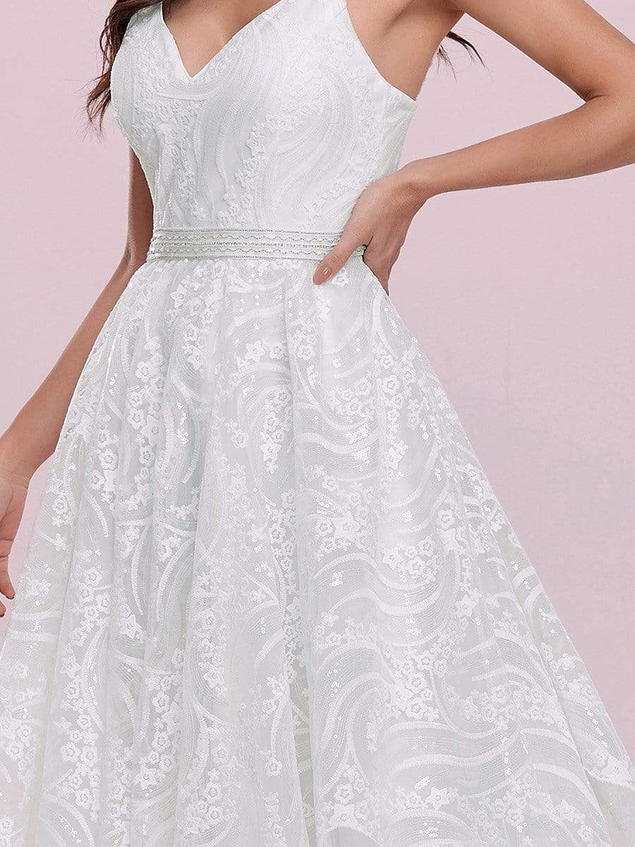 Color=Cream | Elegant Sleeveless Floor Length V-Neck Wedding Gown-Cream 8