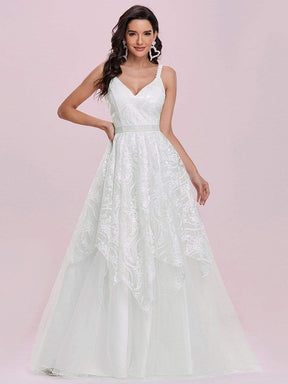 Color=Cream | Elegant Sleeveless Floor Length V-Neck Wedding Gown-Cream 4