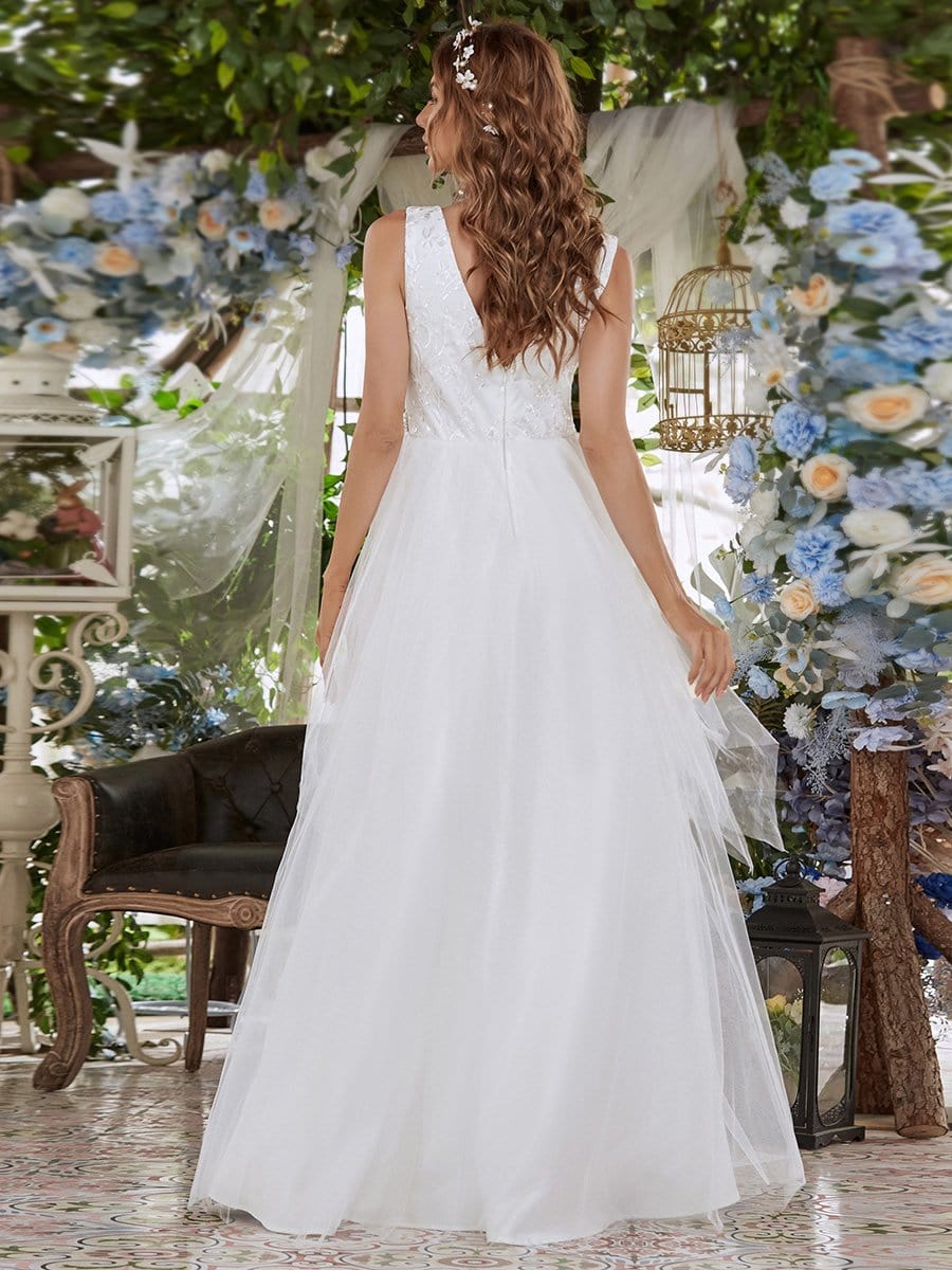 Color=Cream | Sleeveless Double V Embroidered Tassel Waist Tulle Wedding Dress-Cream 2