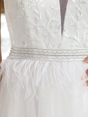 Color=Cream | Sleeveless Double V Embroidered Tassel Waist Tulle Wedding Dress-Cream 3