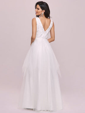 Color=Cream | Sleeveless Double V Embroidered Tassel Waist Tulle Wedding Dress-Cream 5