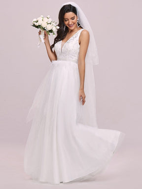 Color=Cream | Sleeveless Double V Embroidered Tassel Waist Tulle Wedding Dress-Cream 4