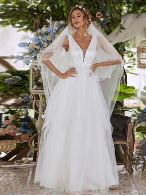 Color=Cream | Sleeveless Double V Embroidered Tassel Waist Tulle Wedding Dress-Cream 1