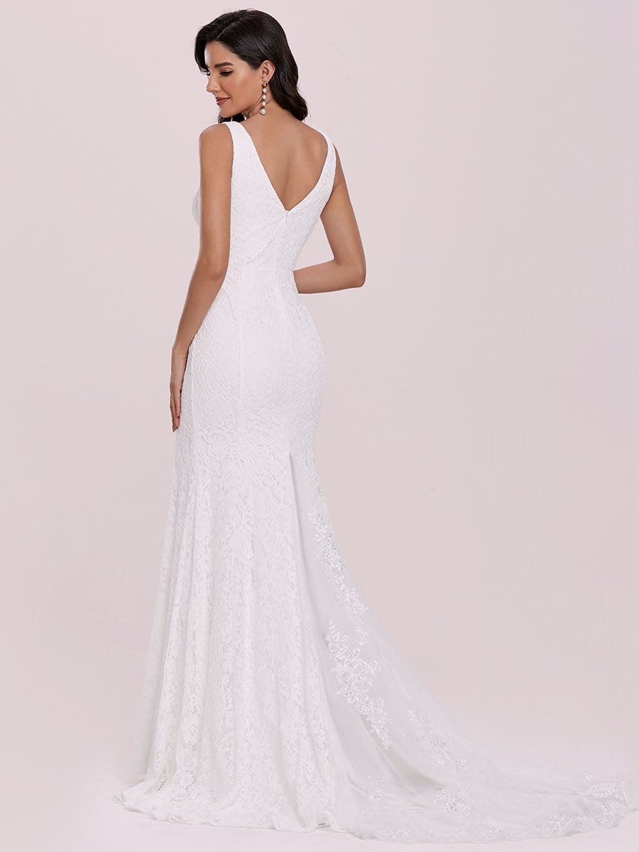 Color=Cream | Sleeveless Lace Applique Deep V Trumpet Skirt Trail Wedding Dress-Cream 5
