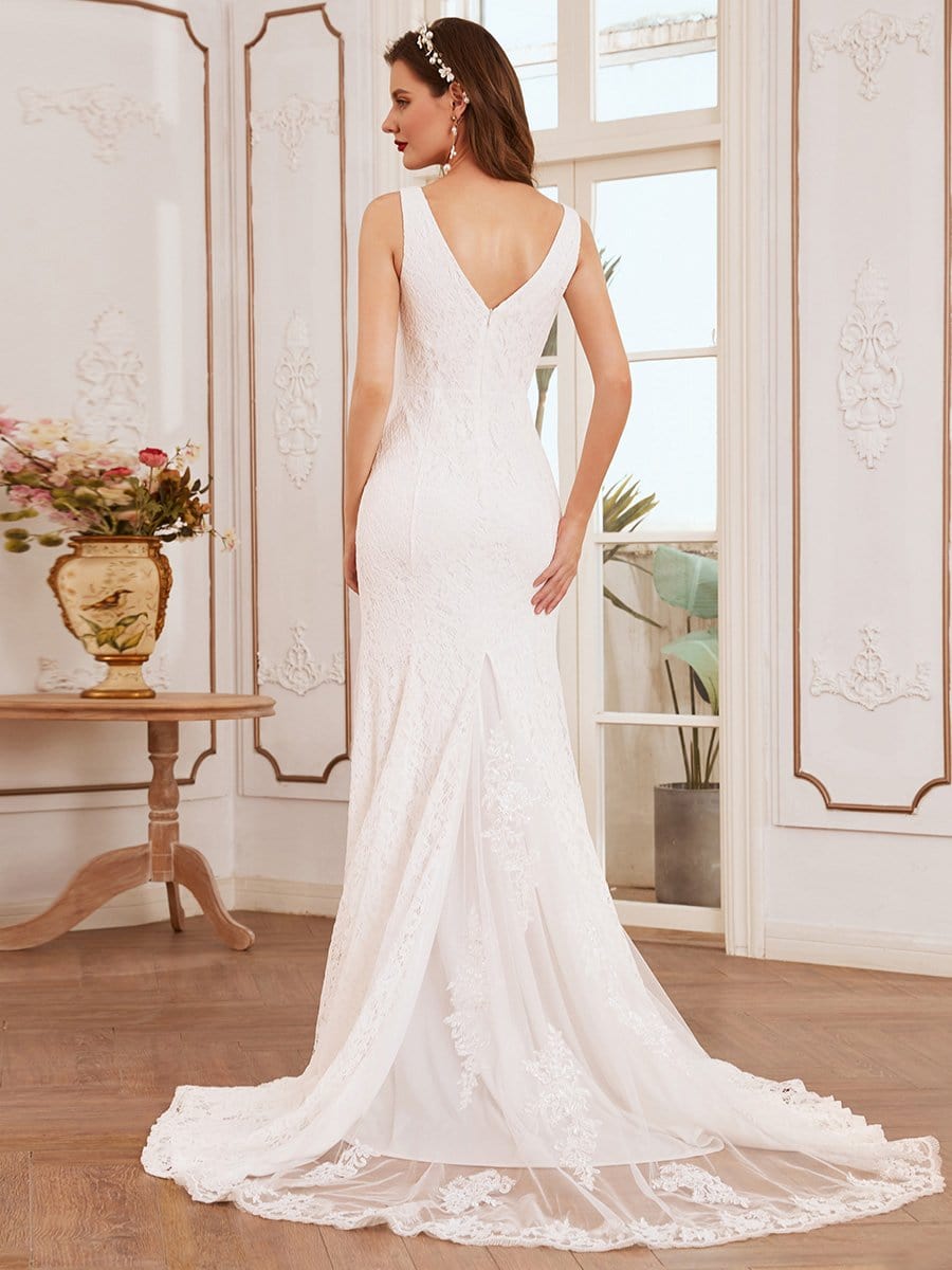 Color=Cream | Sleeveless Lace Applique Deep V Trumpet Skirt Trail Wedding Dress-Cream 2