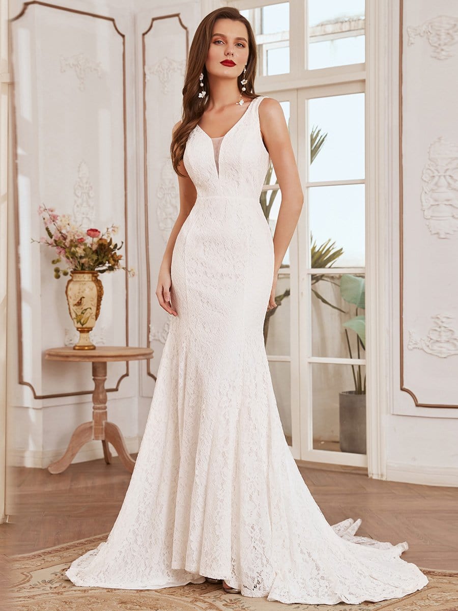 Color=Cream | Sleeveless Lace Applique Deep V Trumpet Skirt Trail Wedding Dress-Cream 1