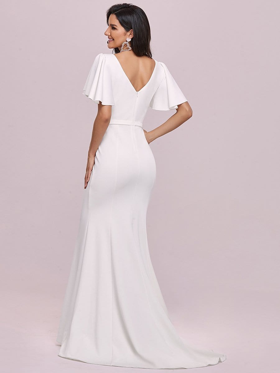 Color=Cream | Deep V Neck Pagoda Sleeve Contouring Long Evening Dresses-Cream 5