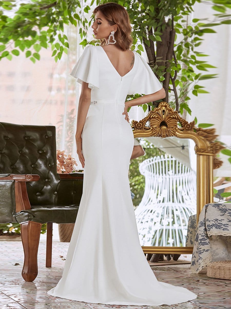 Color=Cream | Deep V Neck Pagoda Sleeve Contouring Long Evening Dresses-Cream 2