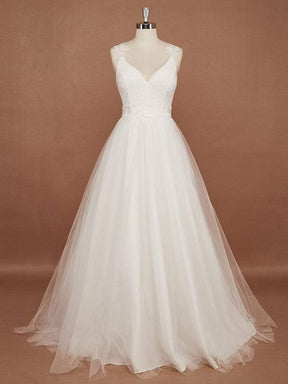 Color=Cream | Double V Neck Lace Bodice Floor Length A-Line Wedding Dress-Cream 8