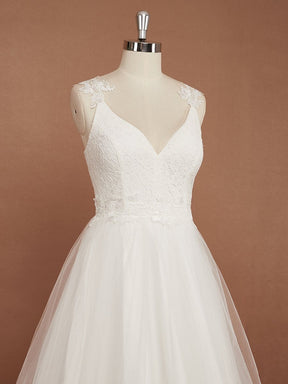 Color=Cream | Double V Neck Lace Bodice Floor Length A-Line Wedding Dress-Cream 9