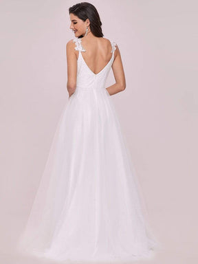 Color=Cream | Double V Neck Lace Bodice Floor Length A-Line Wedding Dress-Cream 5