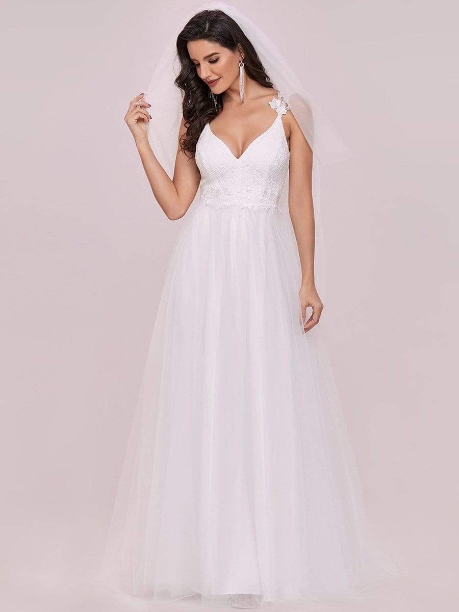 Color=Cream | Double V Neck Lace Bodice Floor Length A-Line Wedding Dress-Cream 4