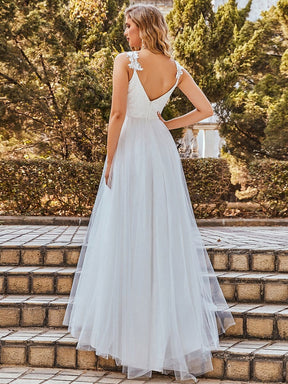 Color=Cream | Double V Neck Lace Bodice Floor Length A-Line Wedding Dress-Cream 2