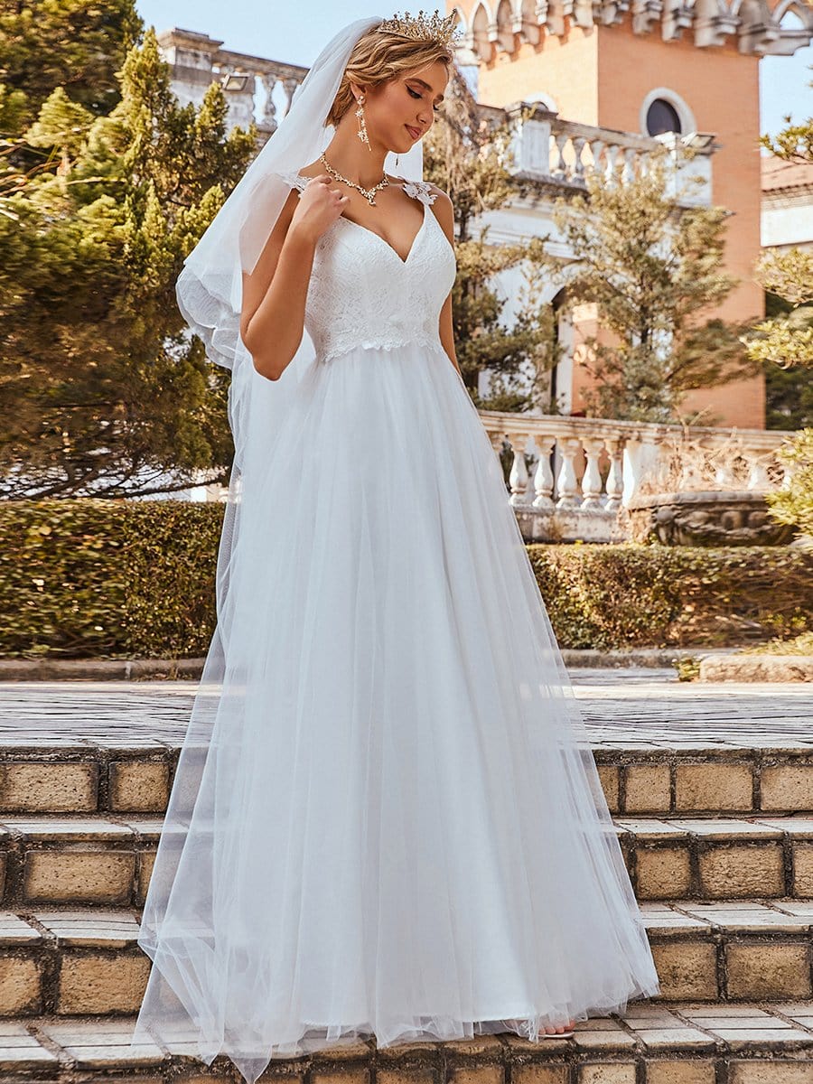 A-Line Tulle Dress | Double V-Neck Wedding Dress with Appliques Shoulder - Ever Pretty AU A-Line Tulle Dress | Double V-Neck Wedding Dress with Appliques Shoulder - Ever Pretty AU