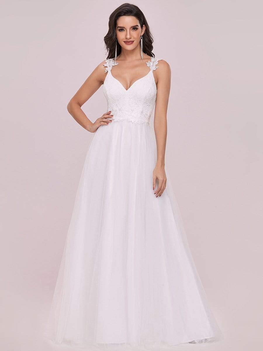 Color=Cream | Double V Neck Lace Bodice Floor Length A-Line Wedding Dress-Cream 6