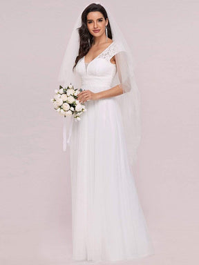 Color=Cream | Cap Sleeve Lace V-Neck Floor Length A-Line Wedding Dress-Cream 4