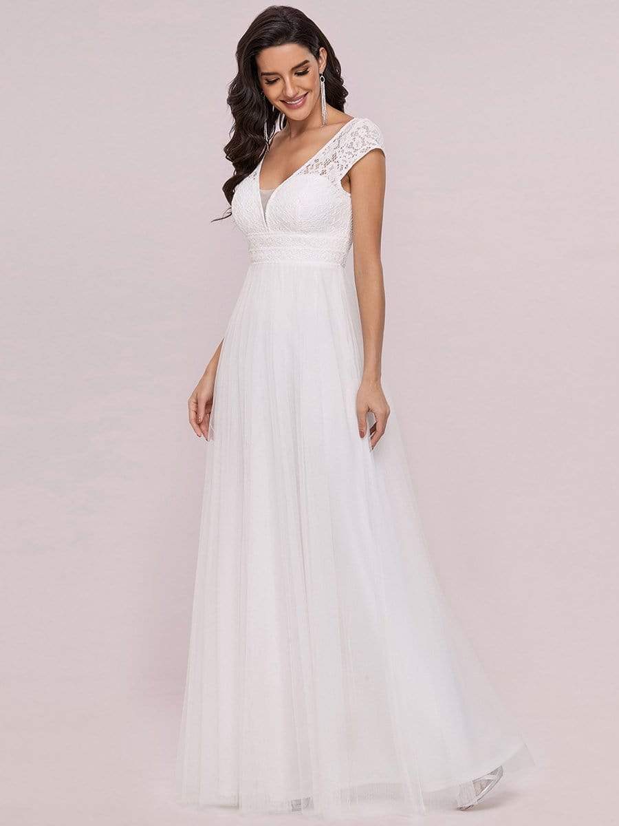 Color=Cream | Cap Sleeve Lace V-Neck Floor Length A-Line Wedding Dress-Cream 7