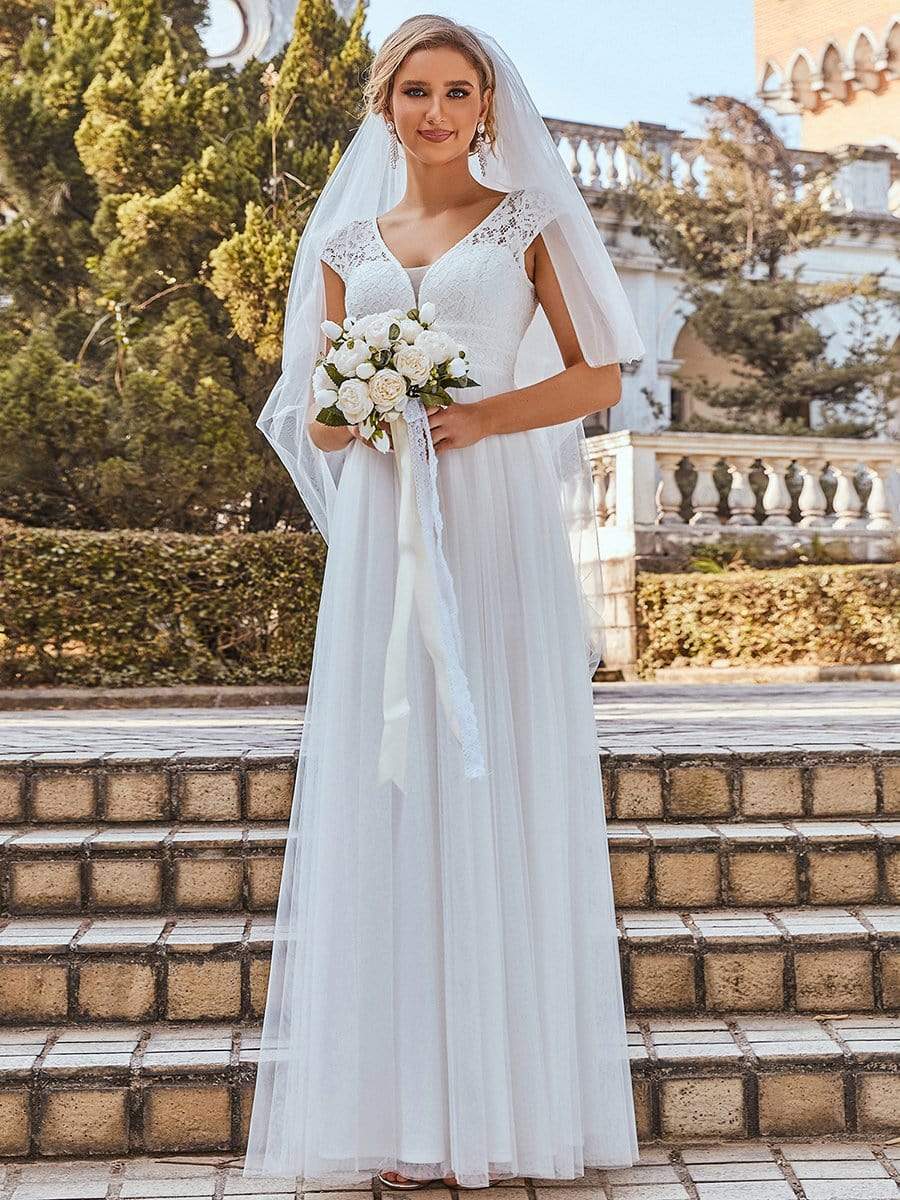 Color=Cream | Cap Sleeve Lace V-Neck Floor Length A-Line Wedding Dress-Cream 1
