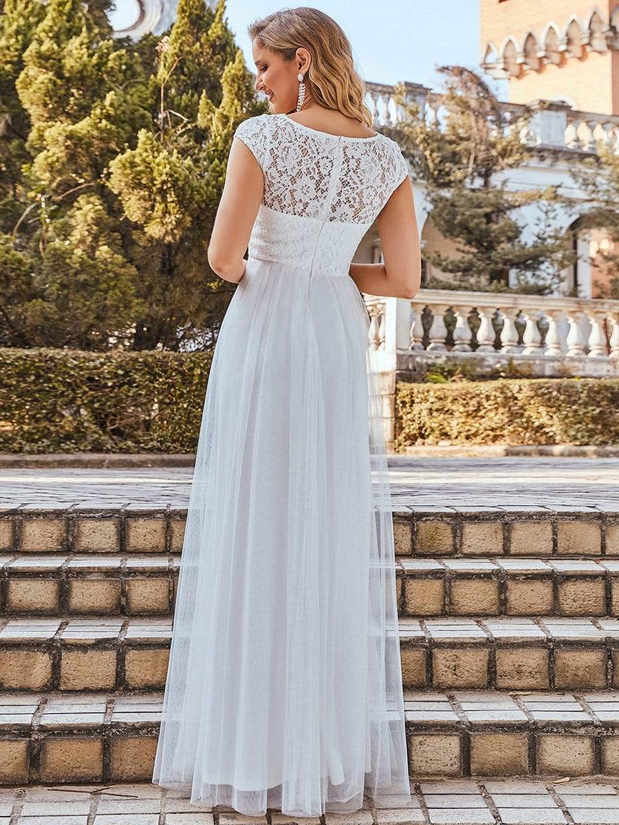 Color=Cream | Cap Sleeve Lace V-Neck Floor Length A-Line Wedding Dress-Cream 2