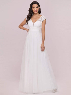 Color=Cream | Cap Sleeve Lace V-Neck Floor Length A-Line Wedding Dress-Cream 6