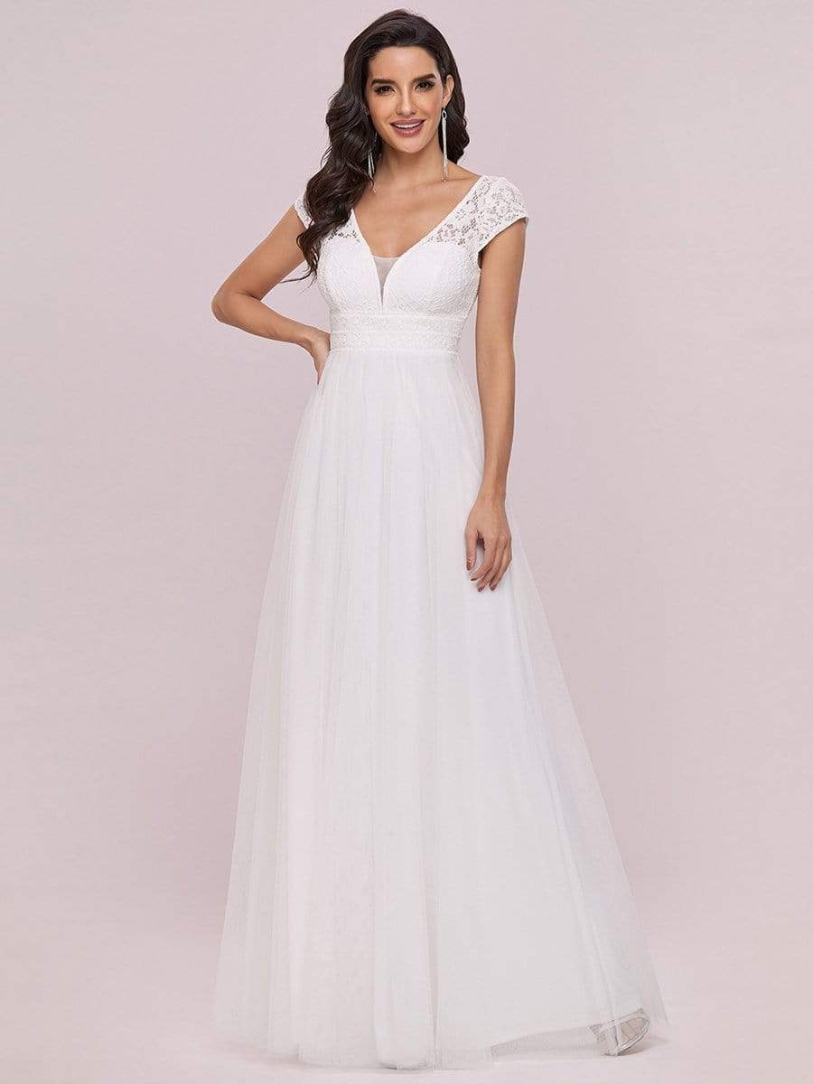 Color=Cream | Cap Sleeve Lace V-Neck Floor Length A-Line Wedding Dress-Cream 6