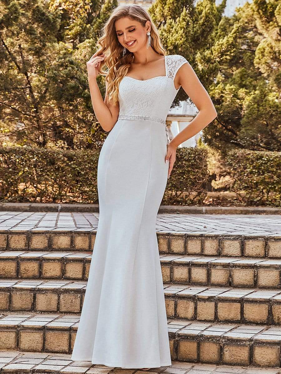 Color=Cream | Simple Cap Sleeve Sweetheart Mermaid Style Wedding Dress-Cream 3