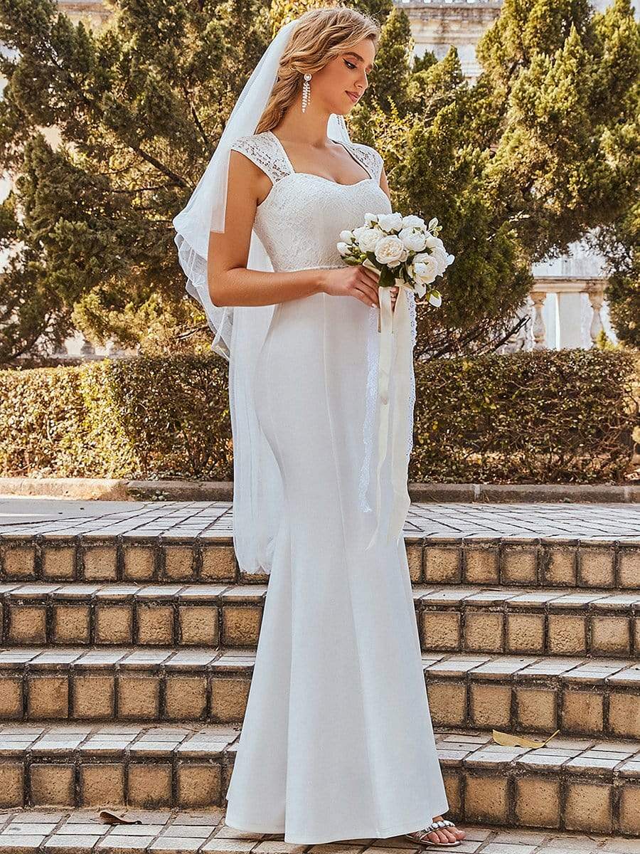 Color=Cream | Simple Cap Sleeve Sweetheart Mermaid Style Wedding Dress-Cream 1
