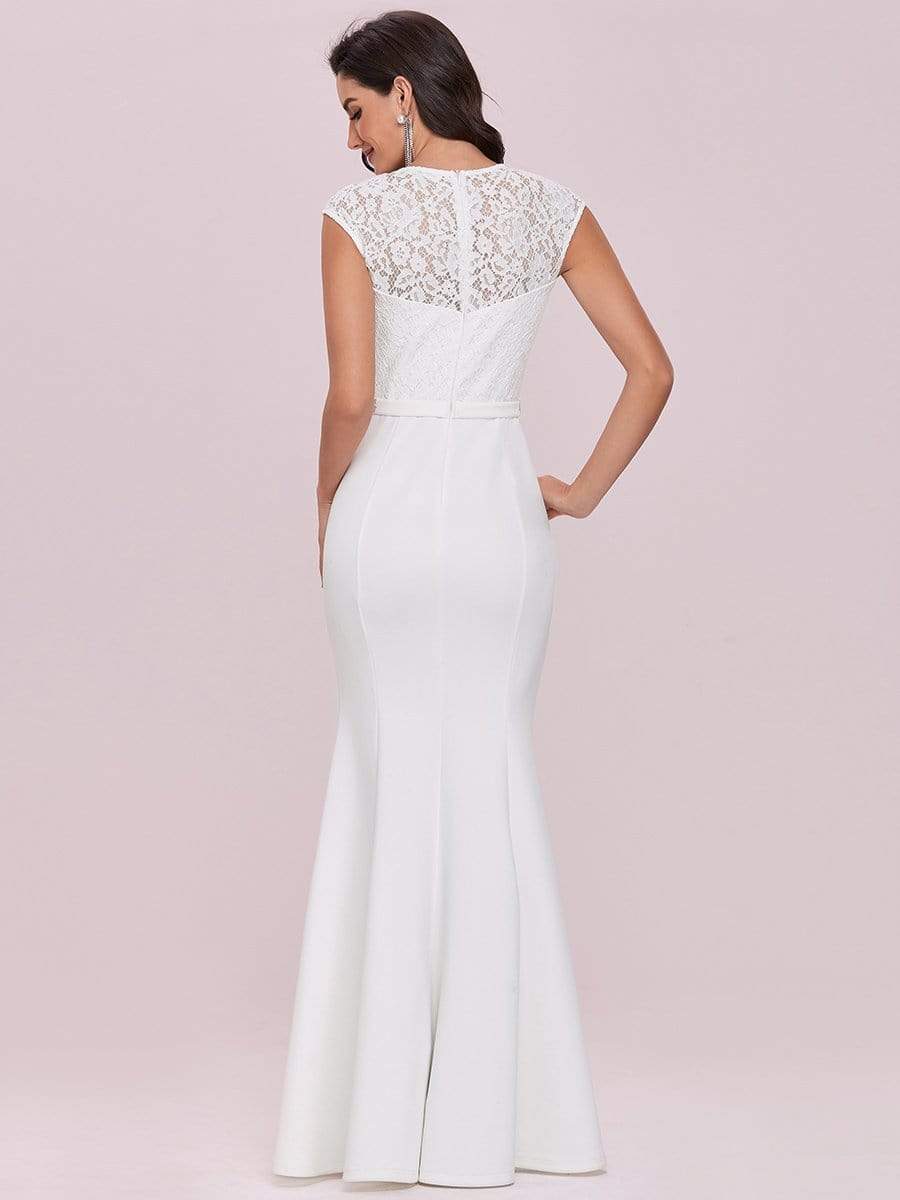 Color=Cream | Simple Cap Sleeve Sweetheart Mermaid Style Wedding Dress-Cream 5