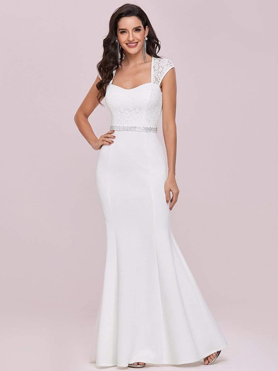 Color=Cream | Simple Cap Sleeve Sweetheart Mermaid Style Wedding Dress-Cream 6